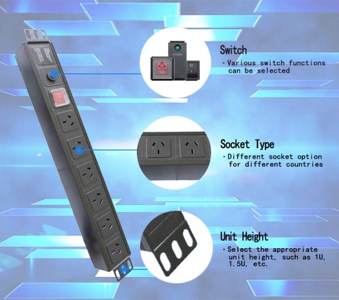19 inch Aluminium Zwart IEC Type 6 Ways 8 Outlets C13 C14 Power Distribution Unit 16Amp/32Amp Met Commando Plug beschikbaar IEC320 Smart Socket PDU 2
